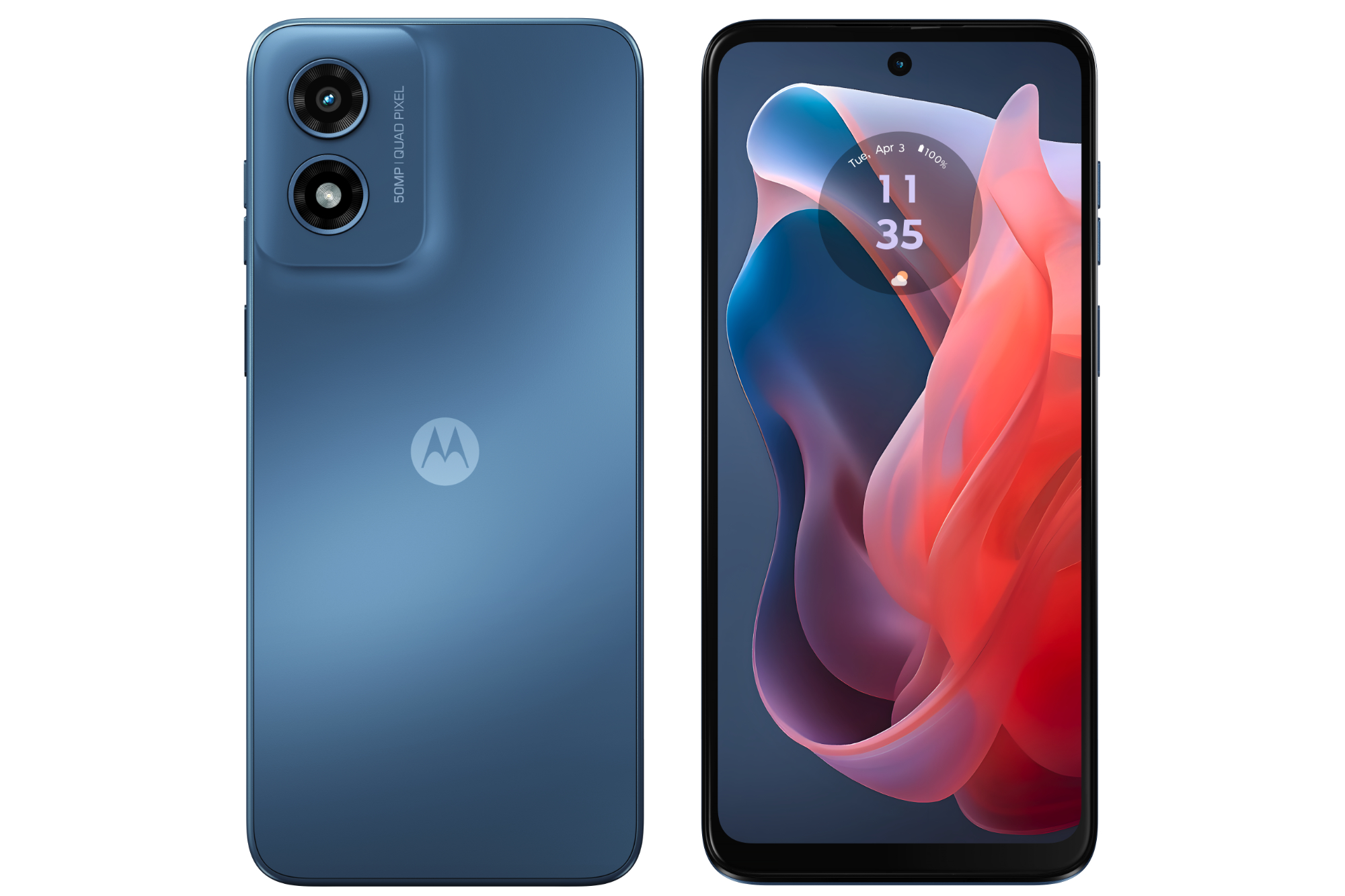 Renders of the Moto G Play (2024), showing the front and back of the phone.