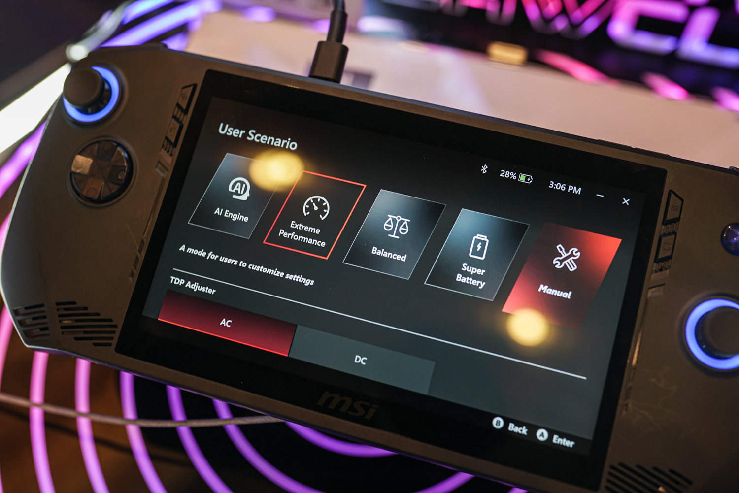 Power modes on the MSI Claw handheld.