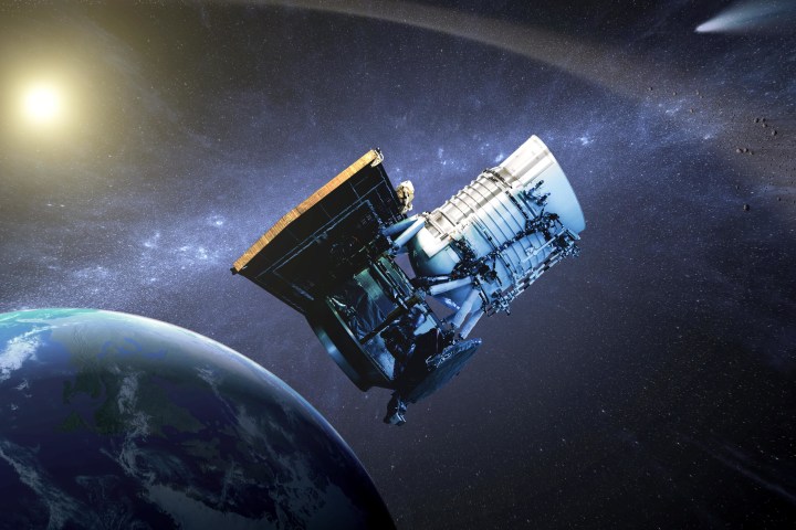 An artist's rendition of the NEOWISE spacecraft shows it in orbit above the earth.
