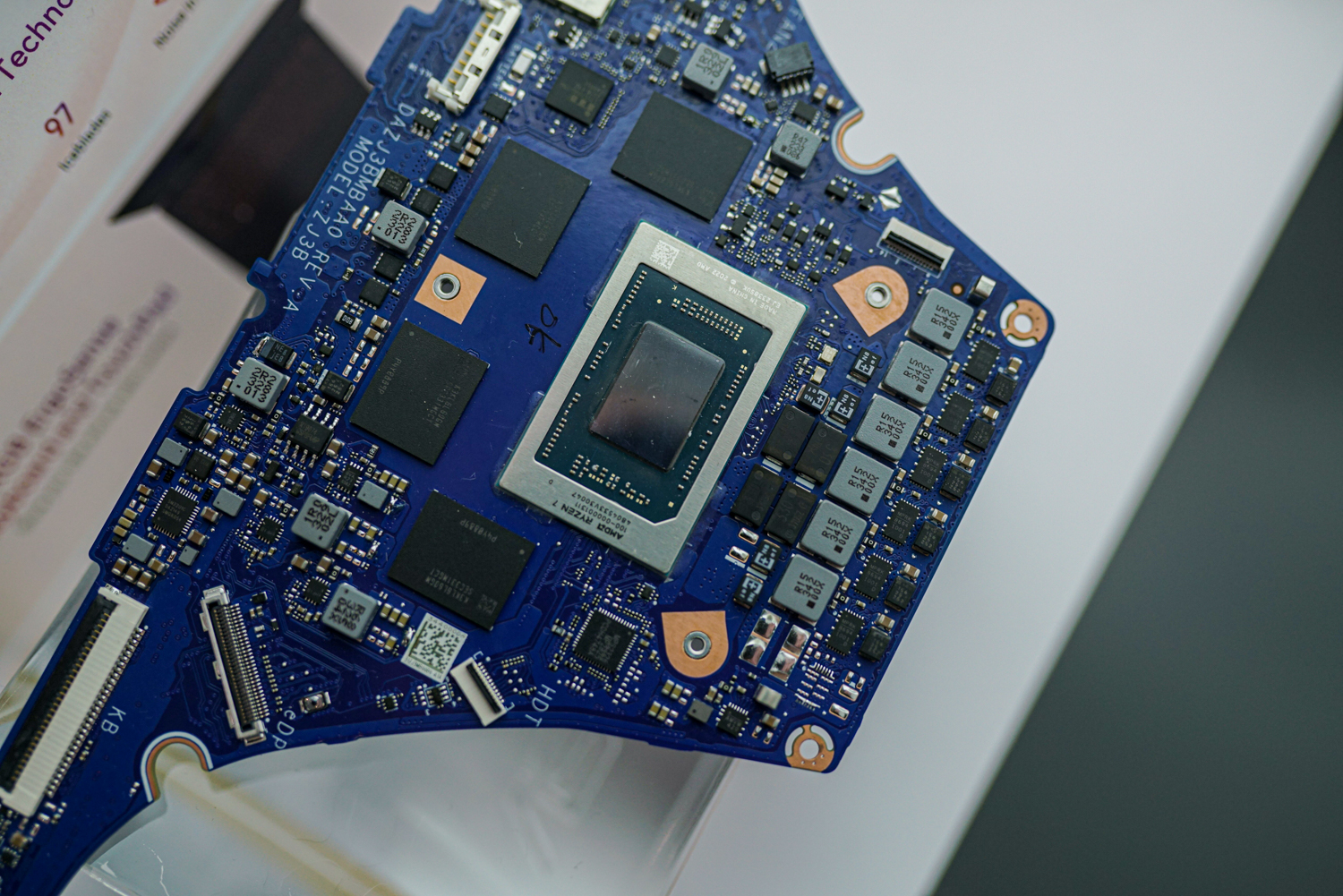 An AMD Ryzen CPU socketed in a motherboard.