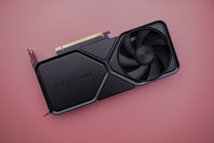 The RTX 4070 Super connected a pinkish background.