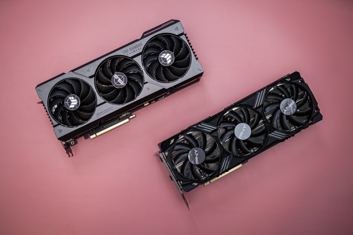 Two RTX 4070 Ti Super graphics cards sitting next to each other. 