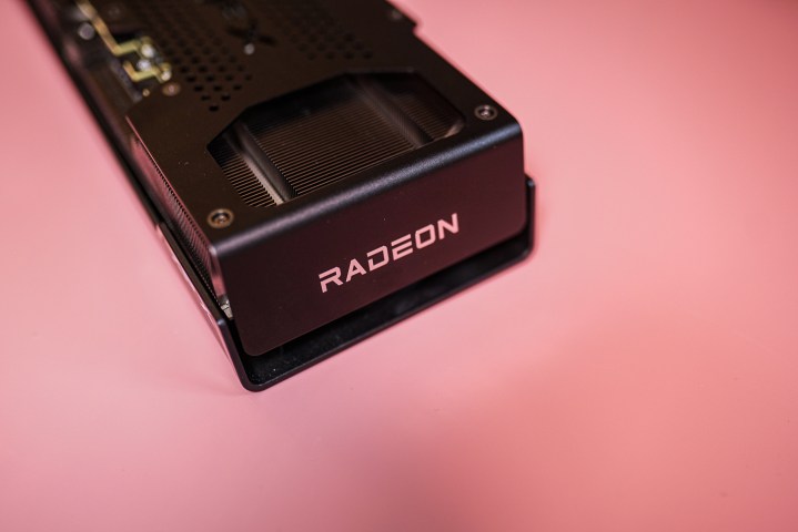 Radeon logo on the RX 7600 XT graphics card.