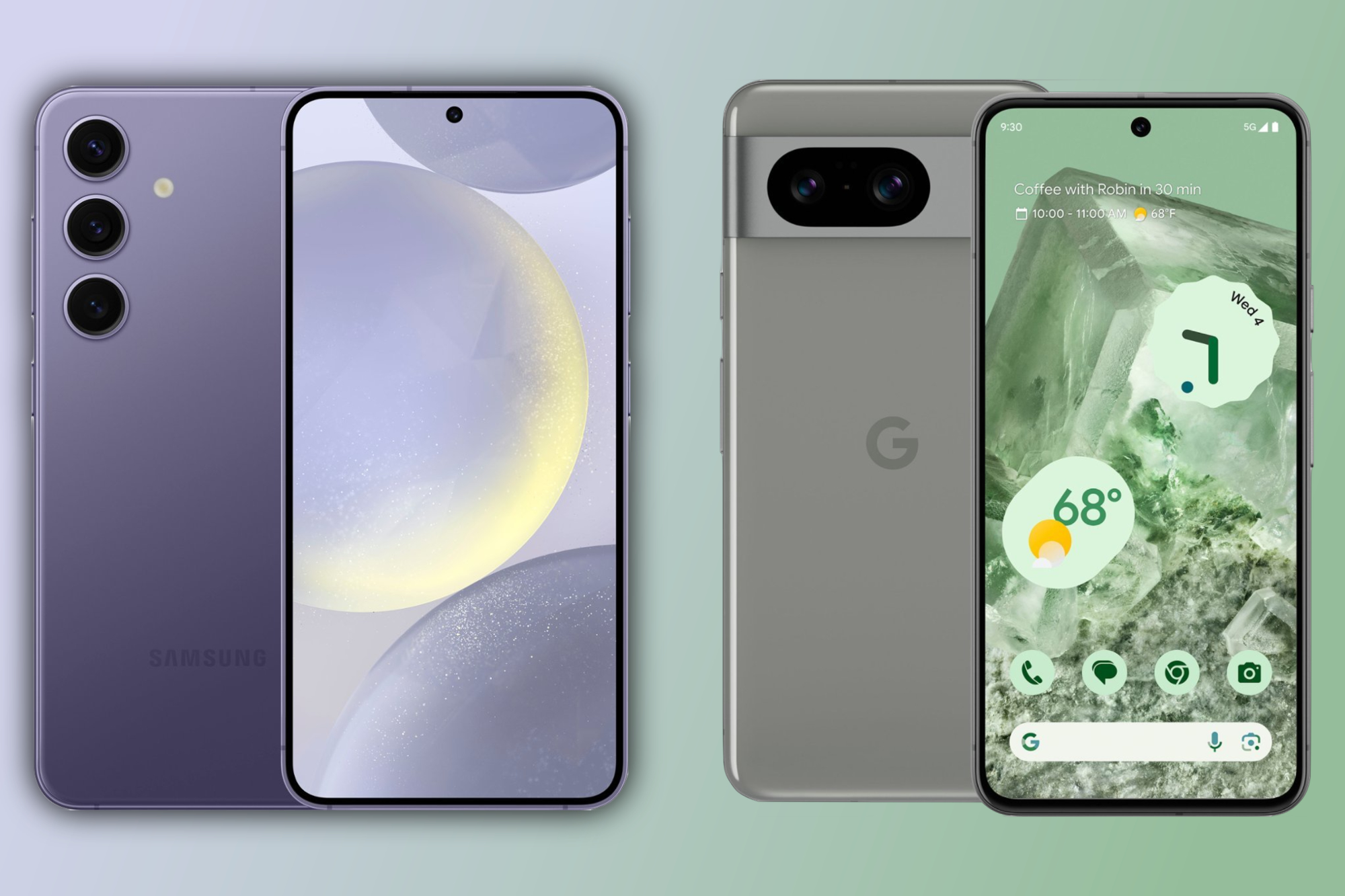 Renders of the Samsung Galaxy S24 and Google Pixel 8 next to each other.