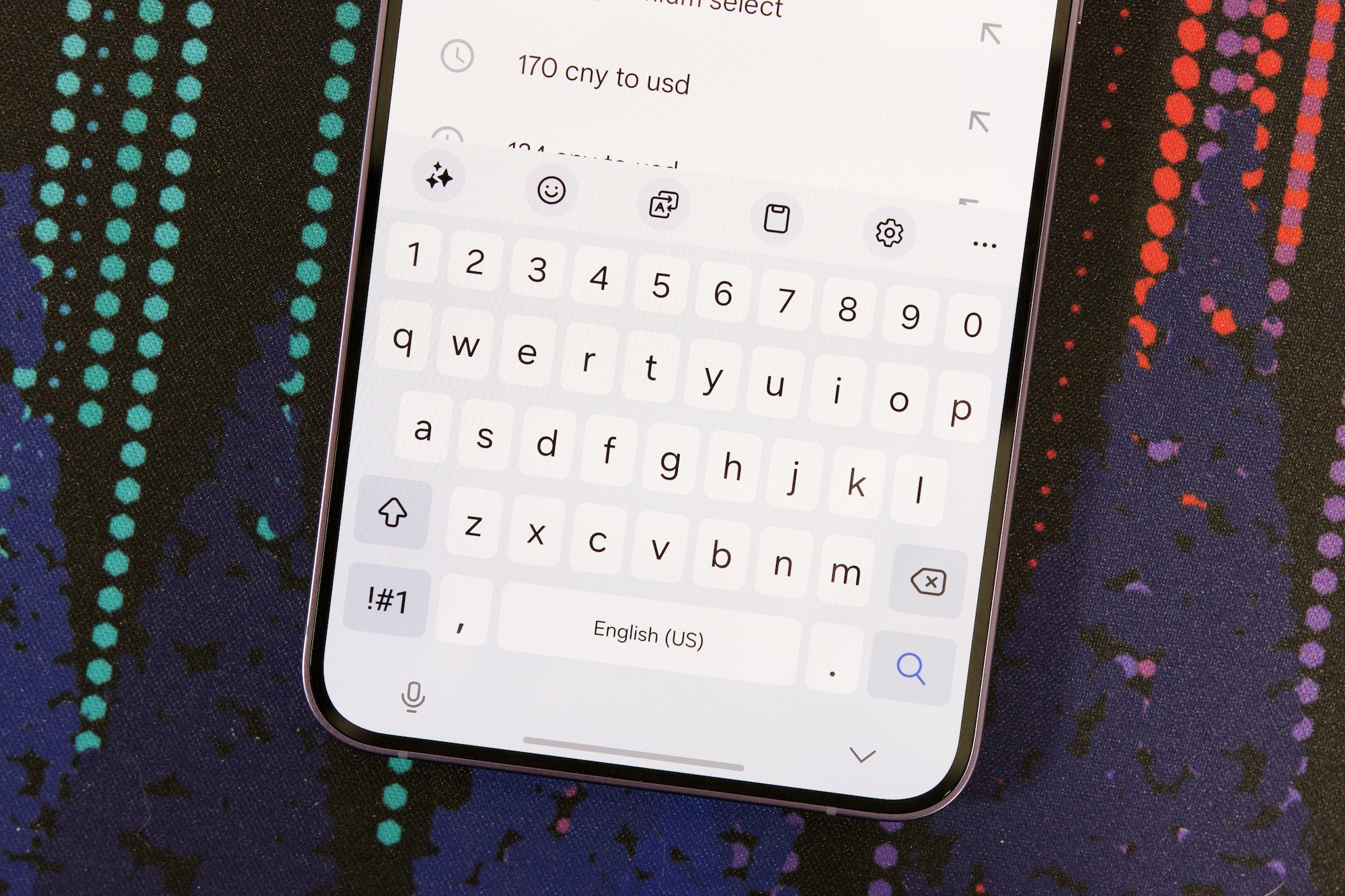 A close-up shot of the Samsung Keyboard on the Galaxy S24 Plus.