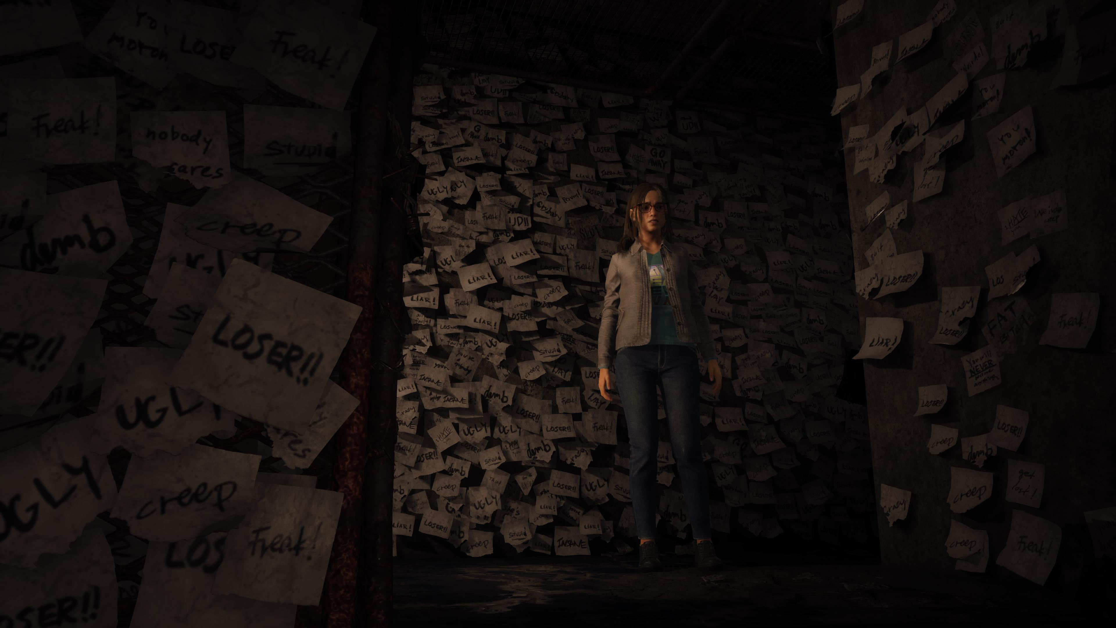 Anita stands in a hallway full of post-it notes in Silent Hill: The Lost Message.