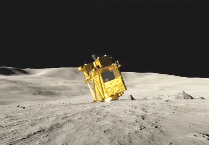 صورة تم إنشاؤها بواسطة الكمبيوتر تظهر مركبة الهبوط اليابانية SLIM على سطح القمر.