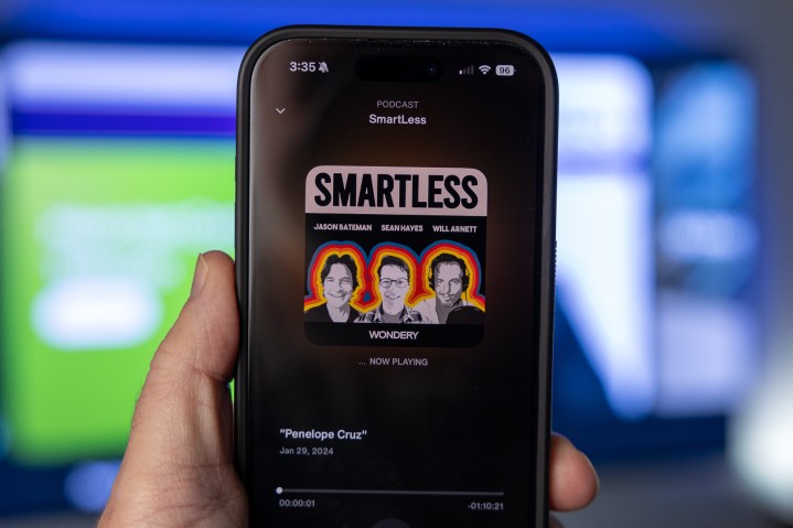 The "SmartLess" podcst seen on a phone.
