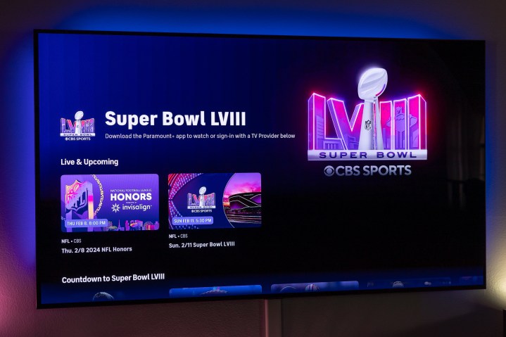 A promo for Super Bowl LVIII as seen on a TV.