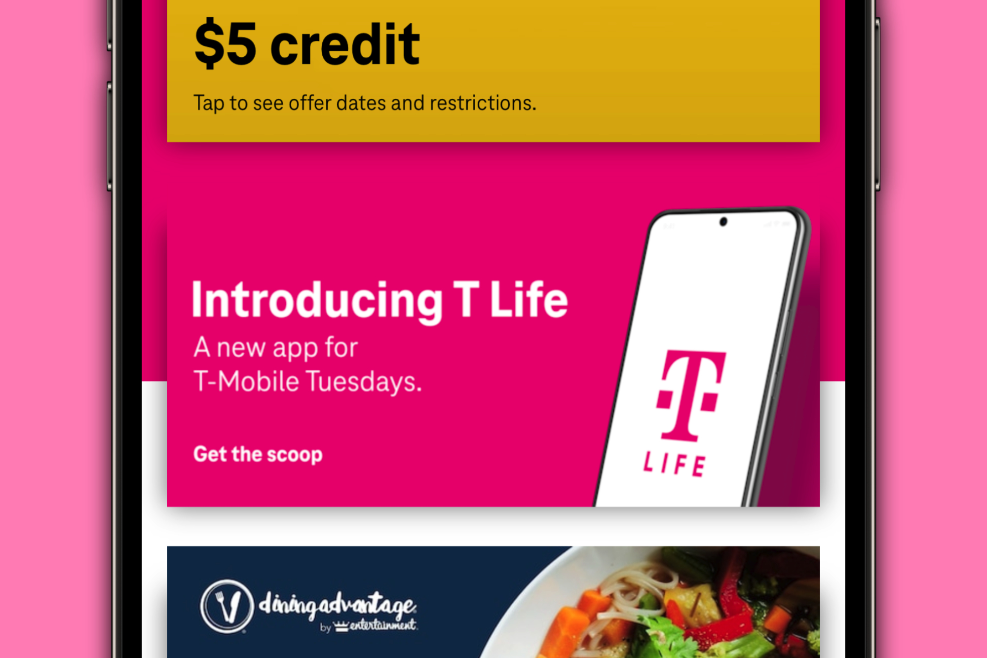تصویری از برنامه سه شنبه های T-Mobile که تبلیغاتی را برای برنامه جدید T Life نشان می دهد.