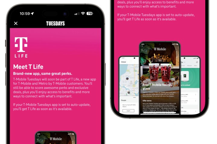 Screenshot of the T-Mobile Tuesdays app showing promotions for the new T Life app.