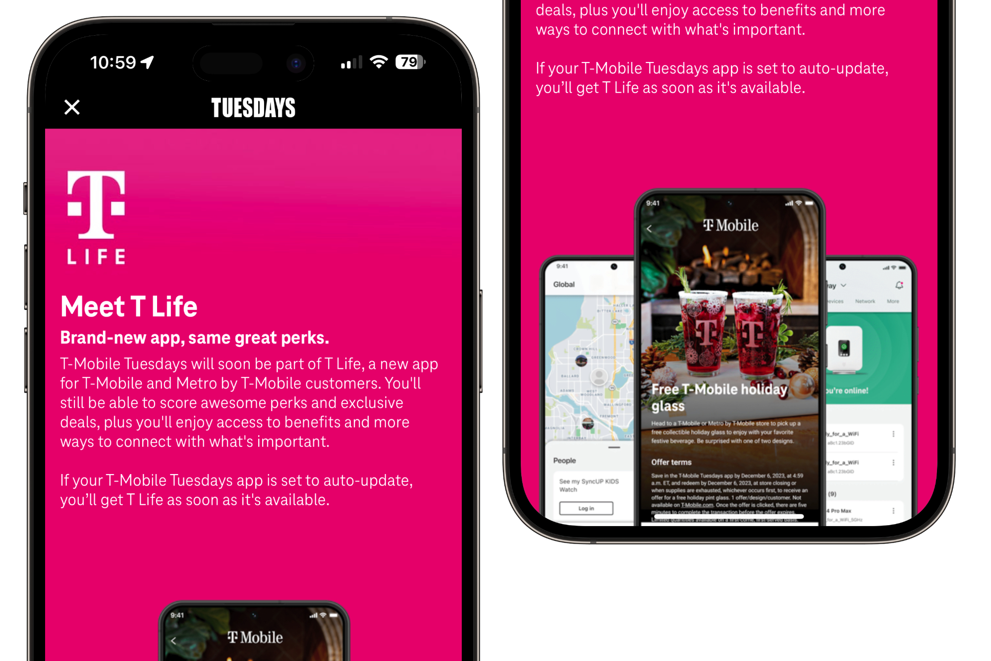 تصویری از برنامه سه شنبه های T-Mobile که تبلیغاتی را برای برنامه جدید T Life نشان می دهد.