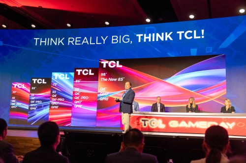 TCL announces its 2024 TV range at its CES 2024 press conference.