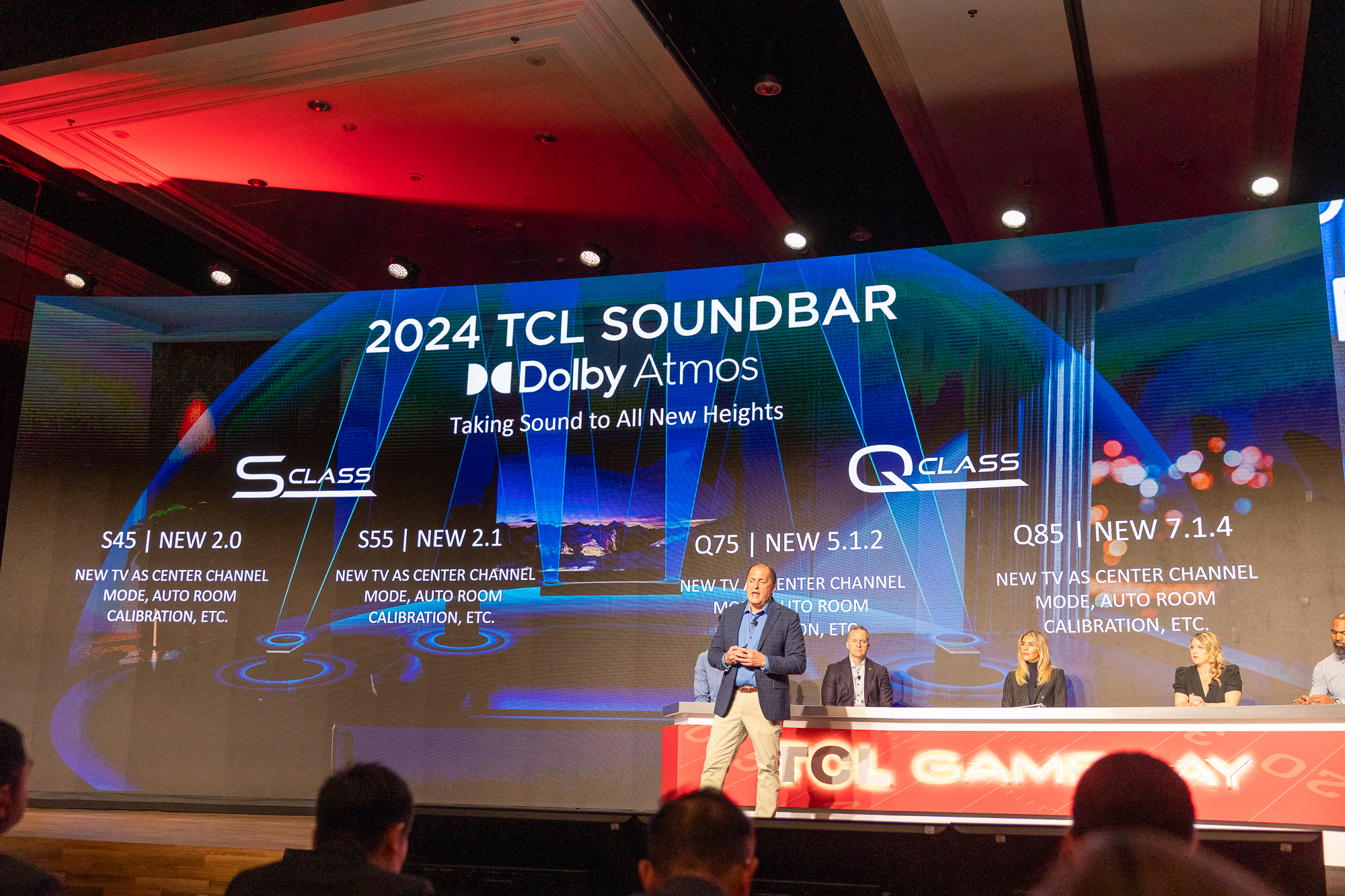 TCL announces its new soundbars at its CES 2024 press conference in Las Vegas.