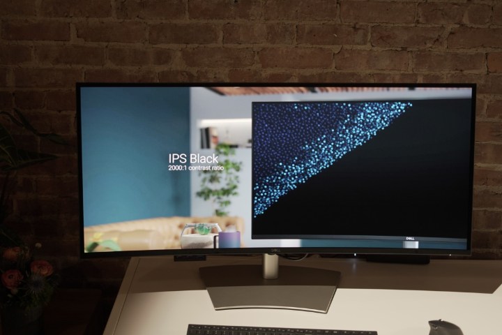 A Dell UltraSharp 5K monitor showing a graphic about IPS Black.