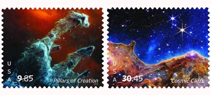 Deux nouveaux timbres célébrant le télescope spatial James Webb, émis par l'USPS en janvier 2024.