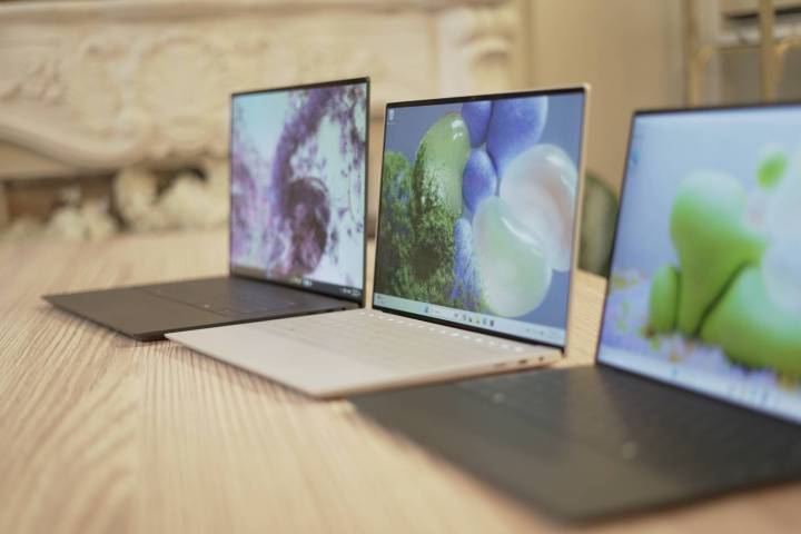 The XPS 13, XPS 14, and XPS 16 on a table.