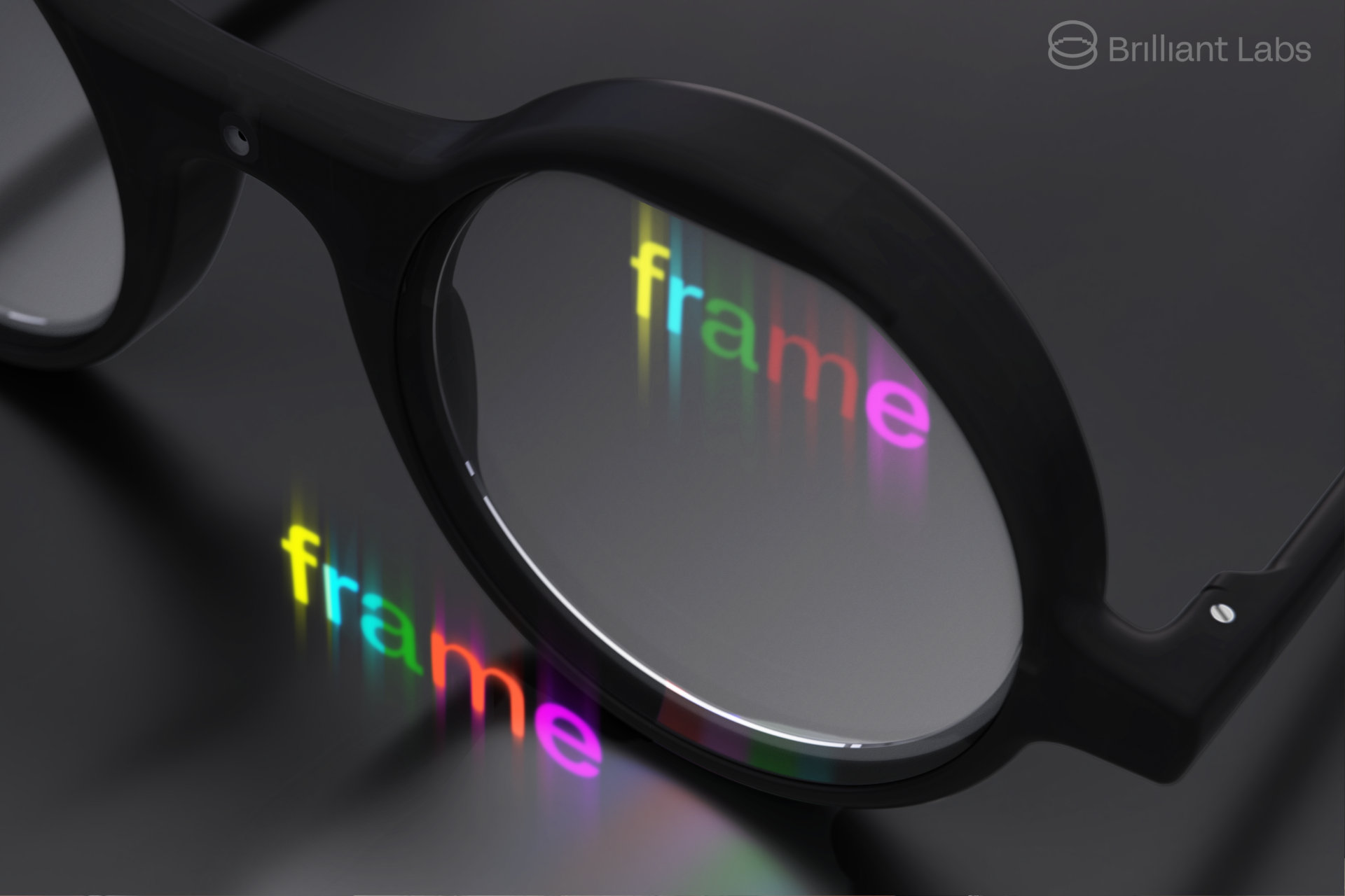 A close-up of Brilliant Labs Frame smart glasses with a simulated image on the display.