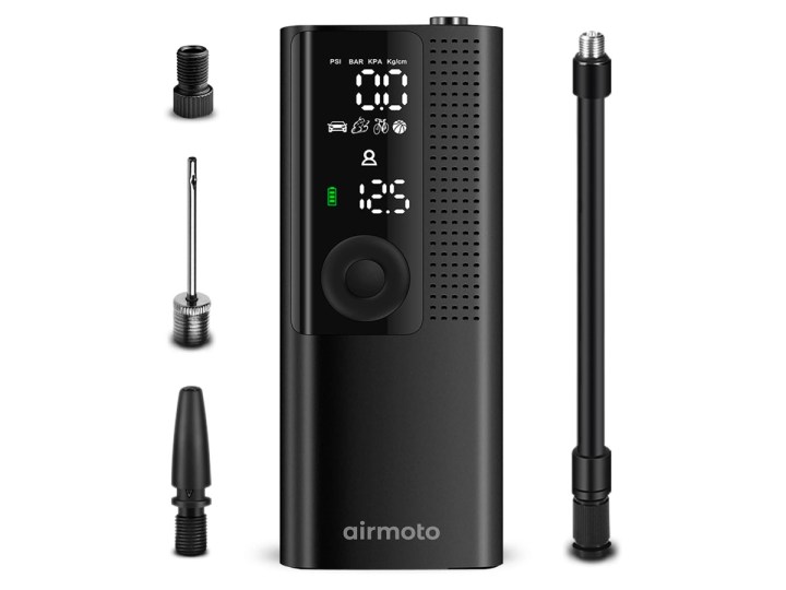 The Airmoto tire inflator and accessories against a white background.