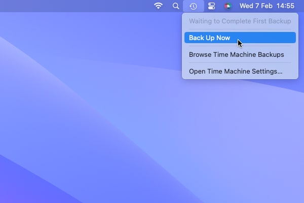 A user hovers over an option to back up a drive to Time Machine in macOS Sonoma.