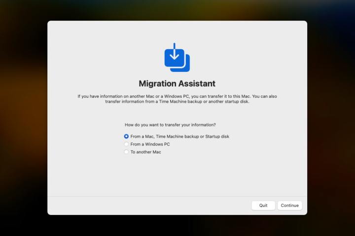 Apple's Migration Assistant app in macOS Sonoma, giving users options on what to restore.