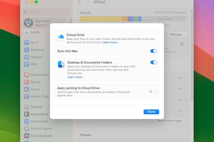 iCloud Drive backup options shown in the System Settings app in macOS Sonoma.
