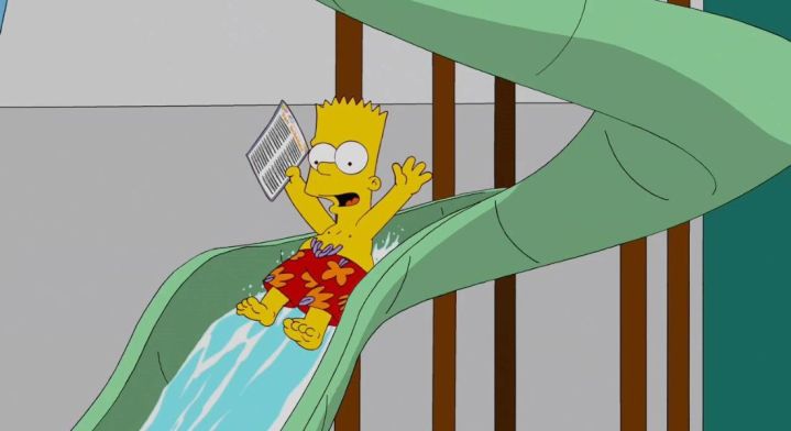 Bart Simpson se desliza por un tobogán de agua