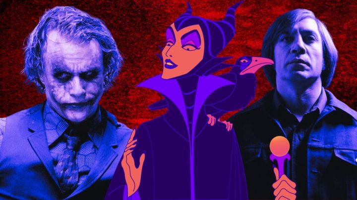 Blended image showing the Joker, Maleficent, and Anton Chigurh.