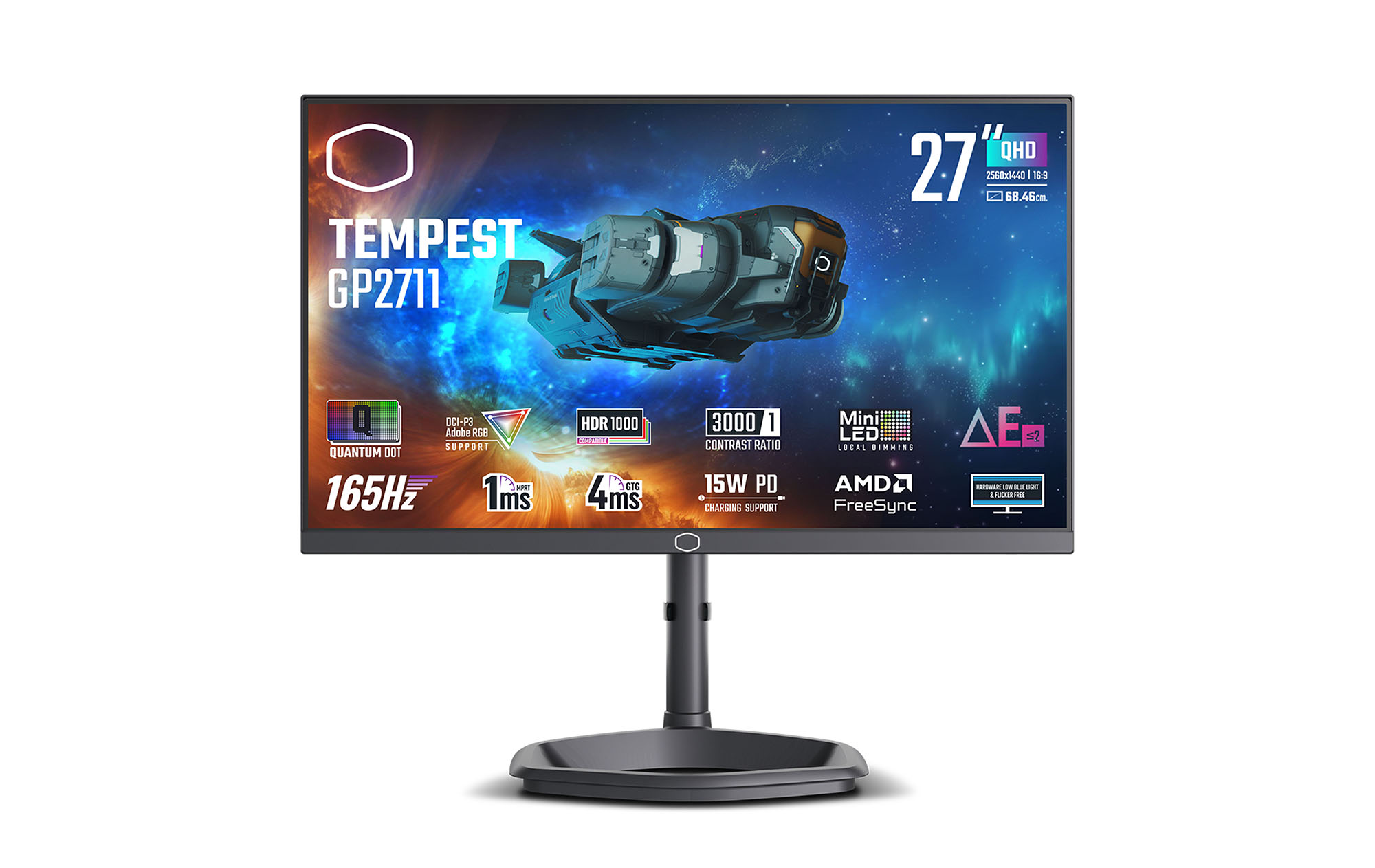 Front view of the Cooler Master Tempest GP2711 mini-LED gaming monitor on a white background.