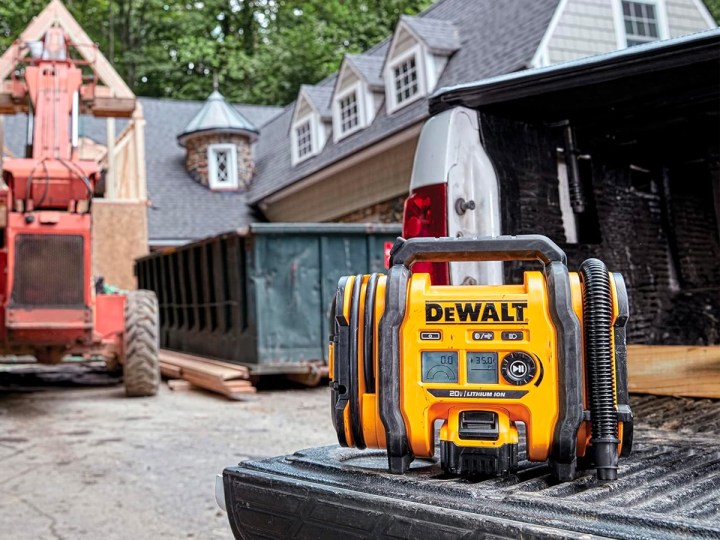 The DeWalt 20V Max portable tire inflator at a construction site.