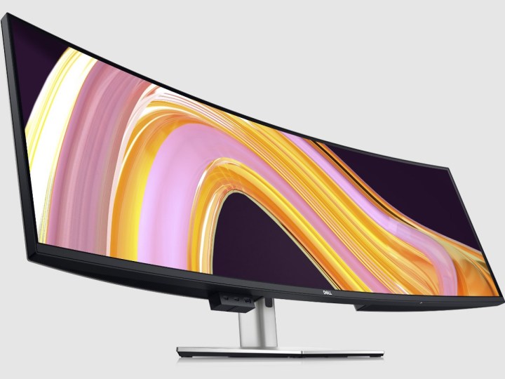The Dell UltraSharp curved monitor on a gray background.