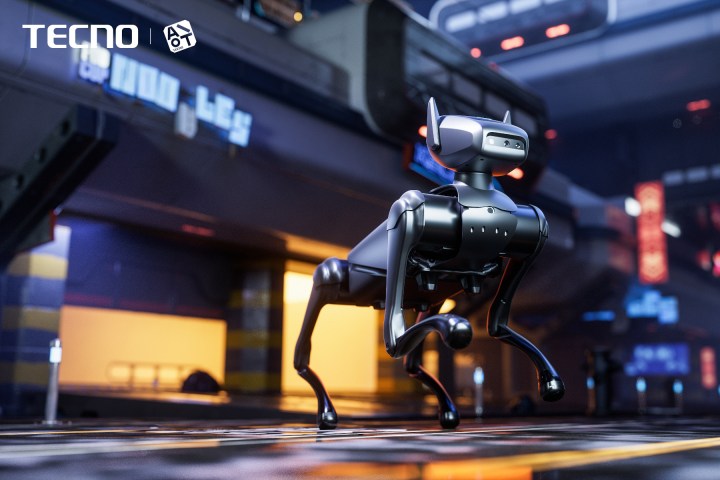 El perro robot Tecno Dynamic 1 sobre un fondo cyberpunk.