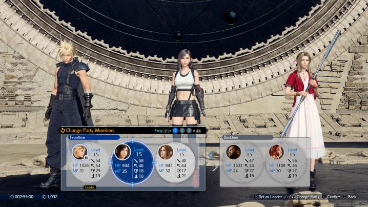 The party screen in FINAL FANTASY 7: REBIRTH.