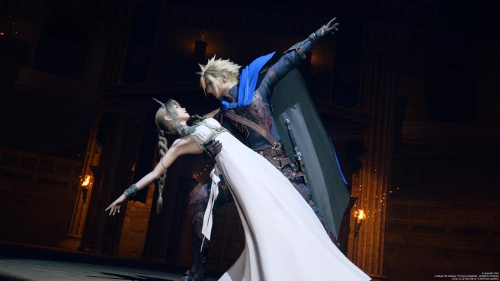 Cloud and Aerith dancing in a play in Final Fantasy 7: Rebirth.