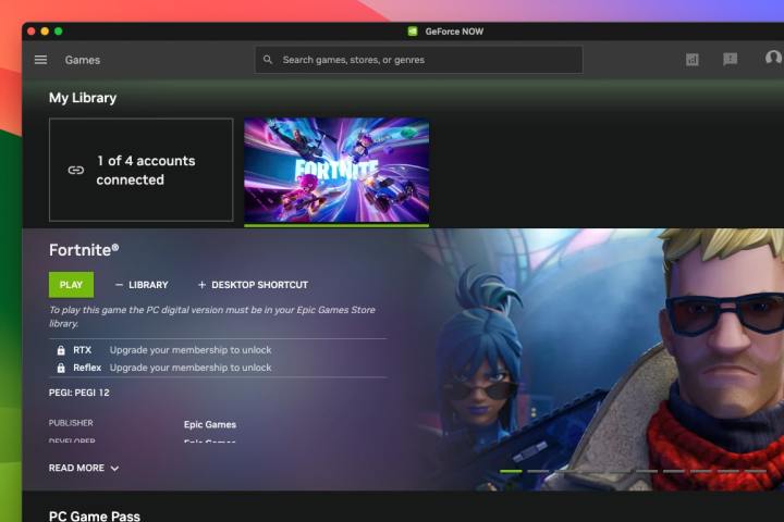 Nvidia GeForce اکنون در مک در حال اجرا است و صفحه Fortnite را نشان می دهد.