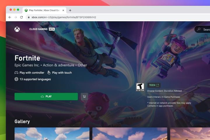 صفحه وب Xbox Cloud Gaming در حال اجرا بر روی مک است و صفحه Fortnite را نشان می دهد.