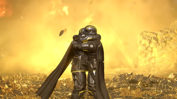Two soldiers hug in front of an explosion in Helldivers 2.