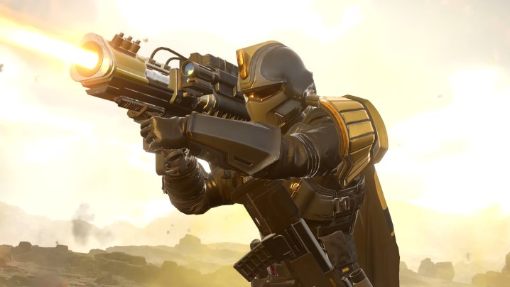 A Helldivers 2 player fires a laser canon.
