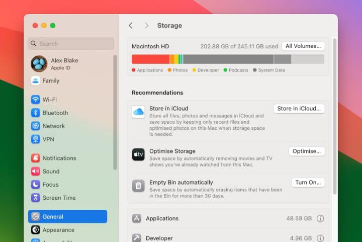 The System Settings app in macOS Sonoma, showing various suggestions for freeing up storage space.