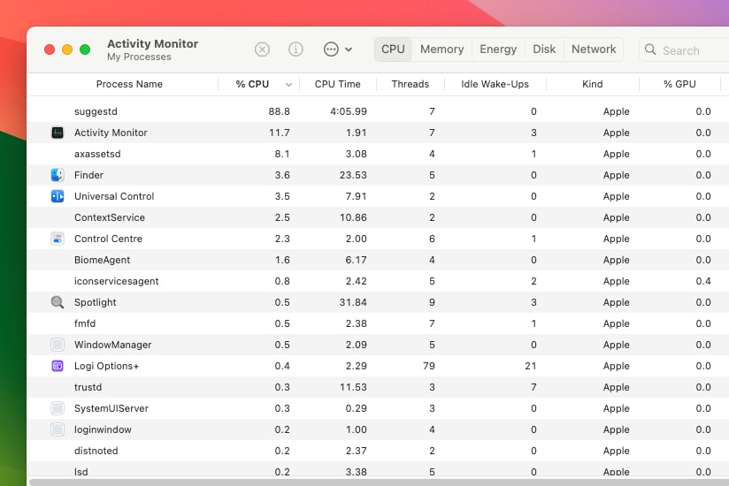 The Activity Monitor app in macOS Sonoma, showing open apps and processes sorted by CPU usage.