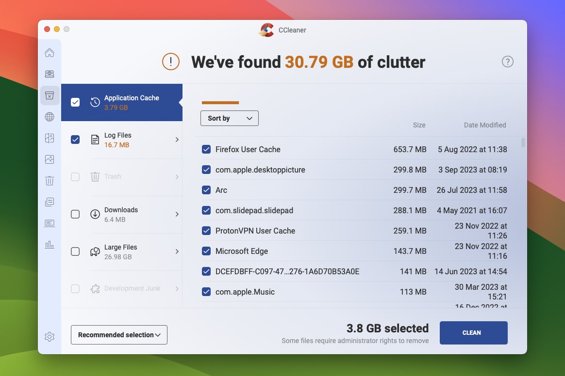 The CCleaner app in macOS Sonoma, showing files that can be cleared from the user's device.