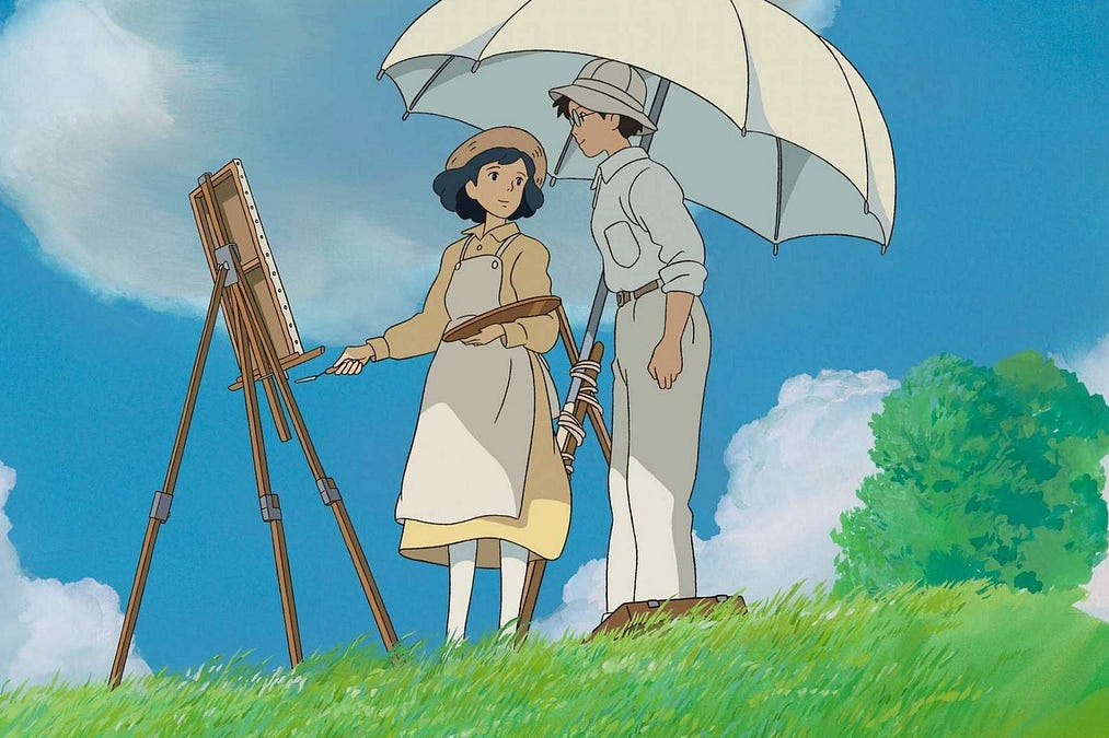 Jiro y Nahoko están juntos bajo un paraguas en The Wind Rises.