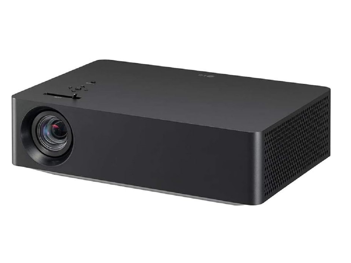 The LG CineBeam HU70LAB 4K projector on a white background.