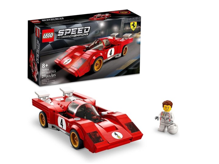 The Lego Speed Champions 1970 Ferrari 512 M, built with its box.