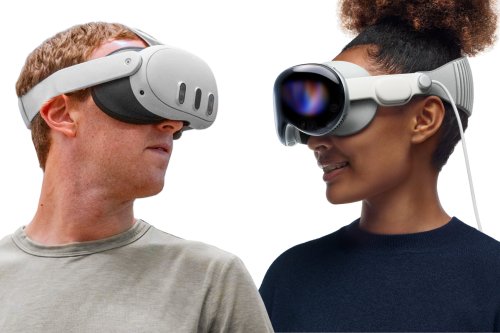 Meta CEO Zuckerberg models the Quest 3 on the left while someone else wears an Apple Vision Pro on the right.