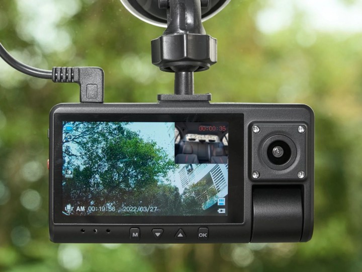 The Onn. Dual Dash Cam, installed in a vehicle.