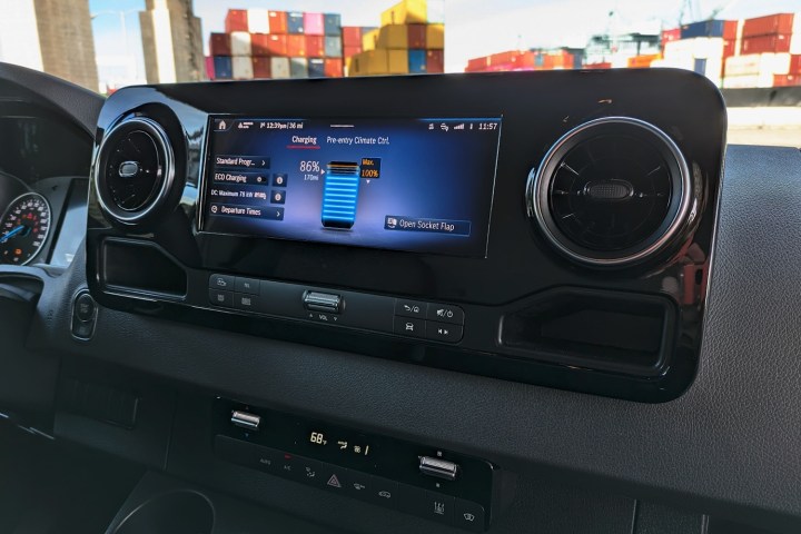 Mercedes-Benz eSprinter touchscreen showing battery information.