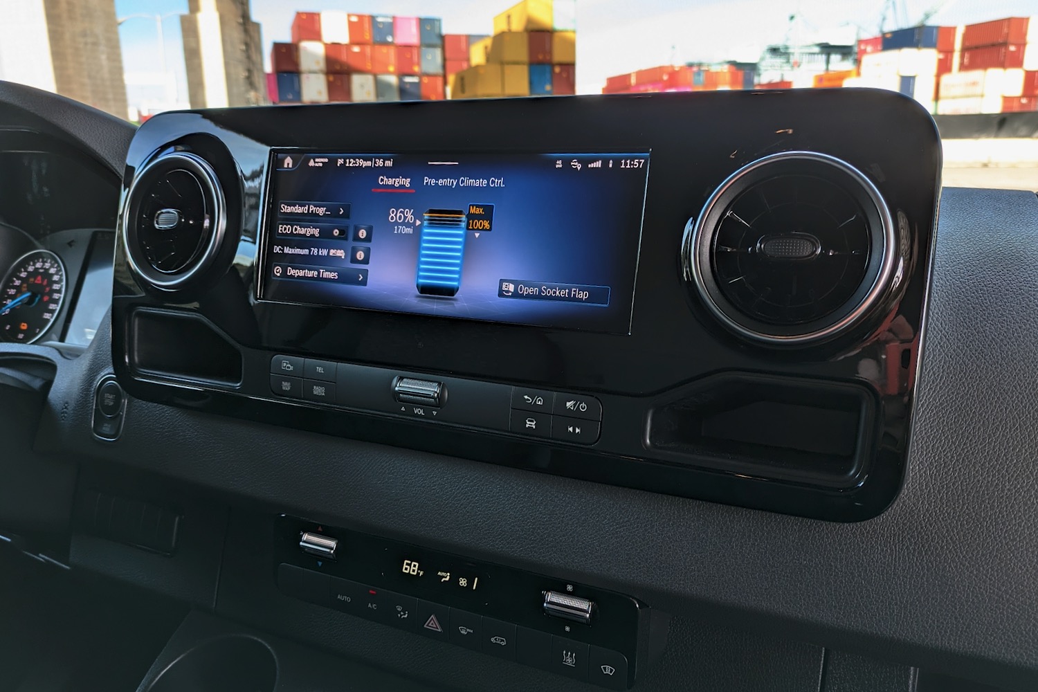 Mercedes-Benz eSprinter touchscreen showing battery information.