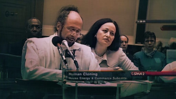 A still from congressional testimony on human cloning.