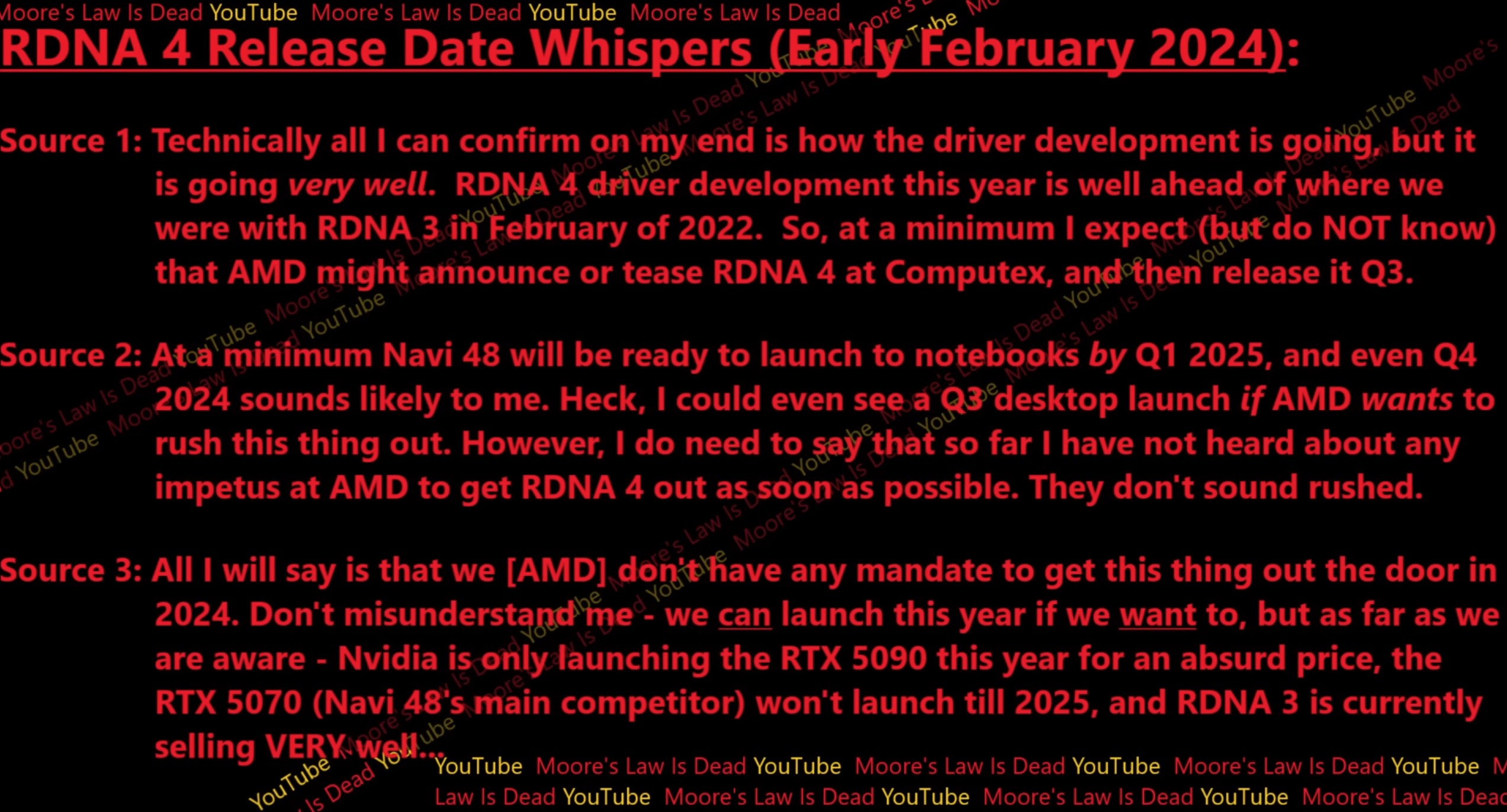 Várias citações de Law Is Dead de Moore relativas às datas de lançamento do RDNA 4 da AMD.